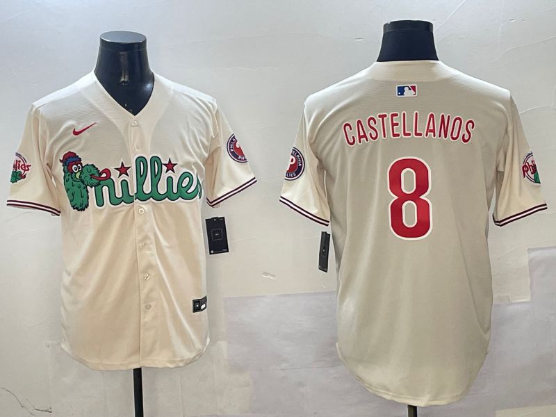 Men Philadelphia Phillies #8 Castellanos Cream Three generations Joint Name Game 2025 Nike MLB Jersey style 1